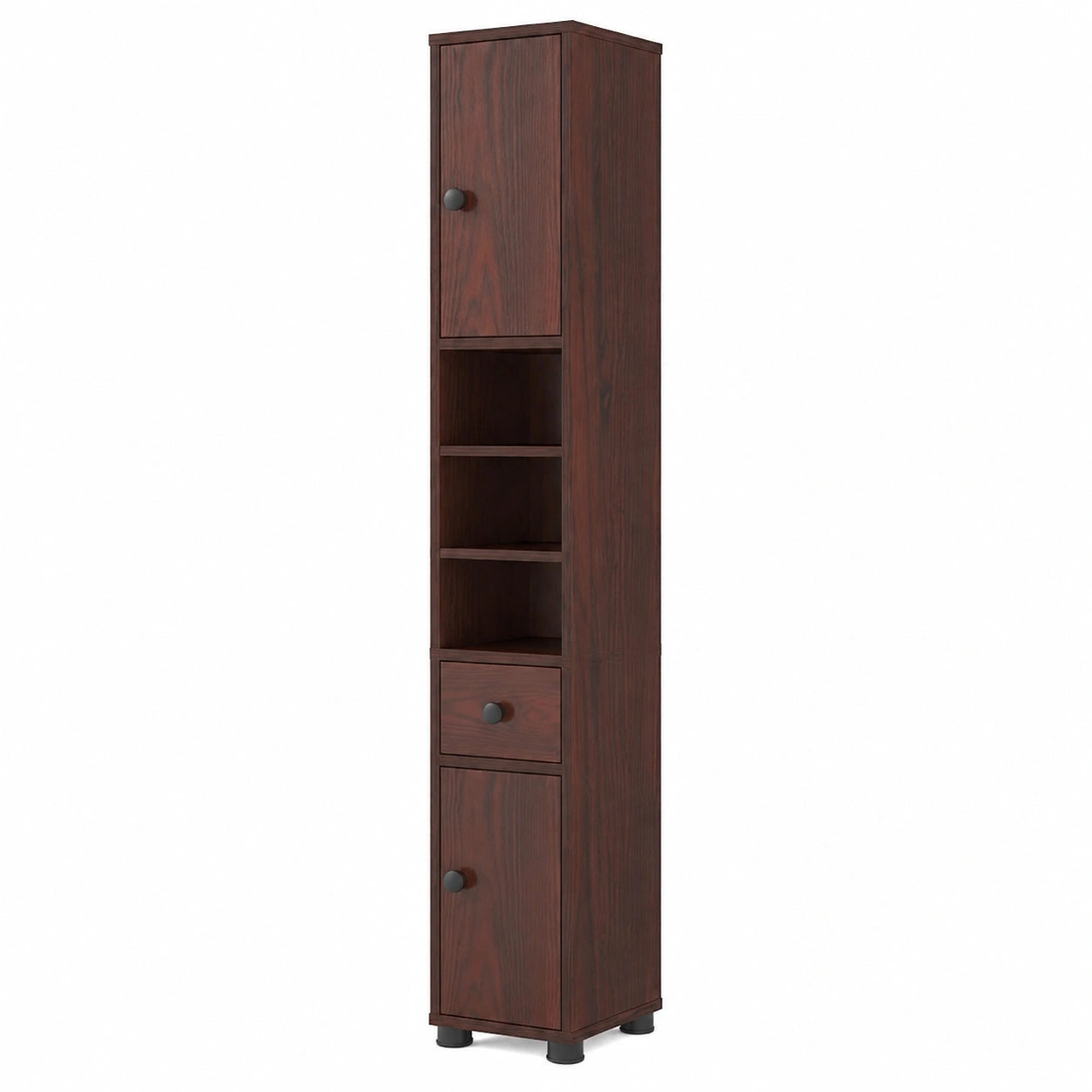 Kompakter COSTWAY Badezimmerschrank mit Türen & Schublade, verstellbare Einlegeböden, platzsparender Hochschrank, 20x20x180 cm, dunkelbraun