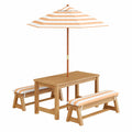 Kinder Outdoor-Sitzgruppe mit Sonnenschirm und Kissen, Gartentisch und Spieltisch für Terrasse und Veranda, Hellbraun