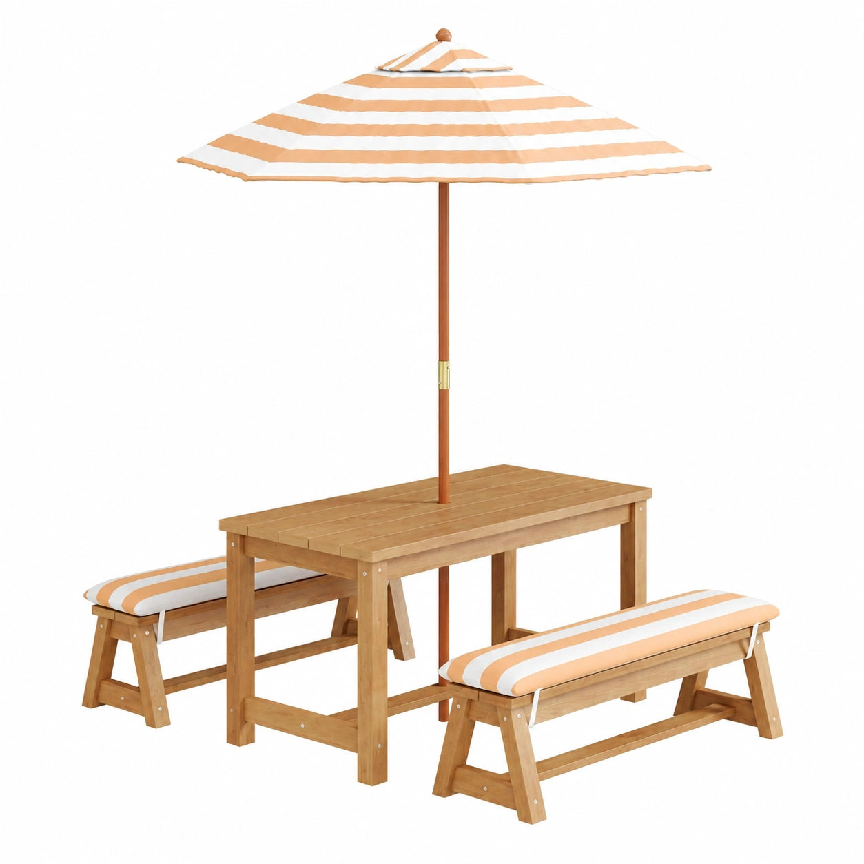 Kinder Outdoor-Sitzgruppe mit Sonnenschirm und Kissen, Gartentisch und Spieltisch für Terrasse und Veranda, Hellbraun