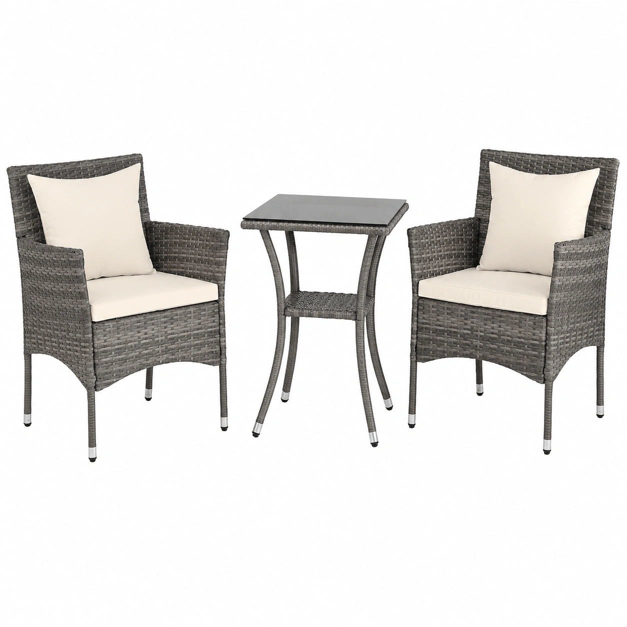 COSTWAY Rattan Balkonmöbel-Set für 2 Personen mit Sitzkissen und Glastisch, ideal für Garten, Veranda und Poolbereich (Mix Grau+Weiß)