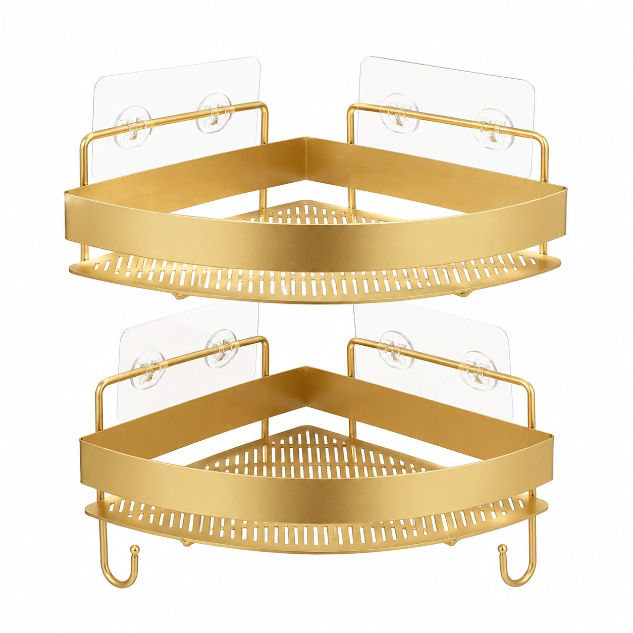 Eck-Duschregal Set aus Acryl mit Haken, bohrfreie Wandmontage, goldfarbenes Badzubehör