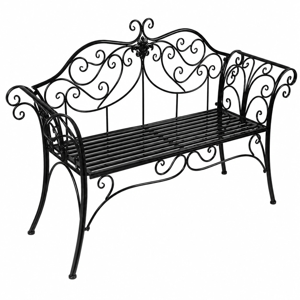 Wetterfeste Gartenbank aus Metall für 2-3 Personen, 133 × 90 × 49 cm, mit Rücken- und Armlehnen für Balkon und Garten, Schwarz