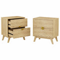 Gurexl 2er Set Nachttische mit Steckdosen & Bewegungsmelder, 60 cm, Ladefunktion, 2 Schubladen, Wellendesign, USB, Eiche