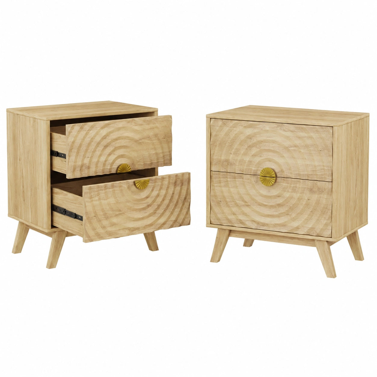 Gurexl 2er Set Nachttische mit Steckdosen & Bewegungsmelder, 60 cm, Ladefunktion, 2 Schubladen, Wellendesign, USB, Eiche
