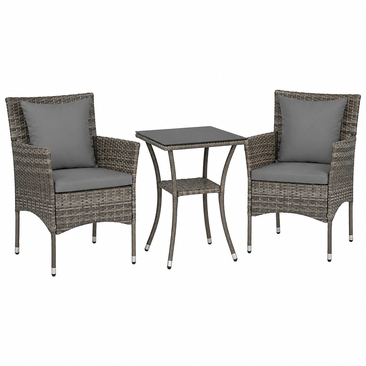 COSTWAY Rattan Balkonmöbel Set, 2 Sessel mit Glastisch und Kissen, Gartenmöbel für 2 Personen, Ideal für kleine Balkone, Veranda und Poolbereich, Farbe: Mix Grau