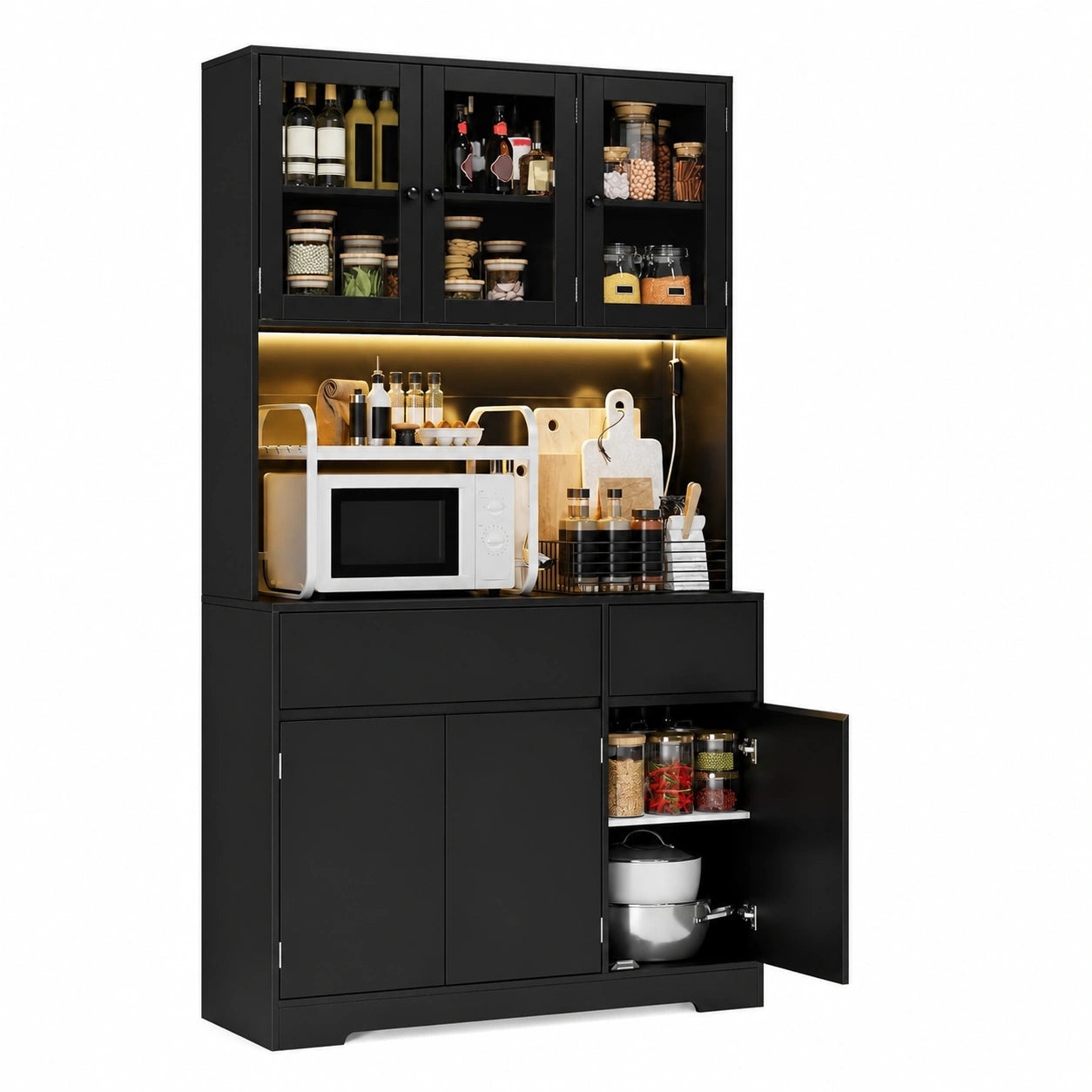 Küchenschrank mit LED & Steckdose, 6 Türen, 2 Schubladen, Glasfront & verstellbare Einlegeböden, Buffetschrank, 100x38,5x180cm