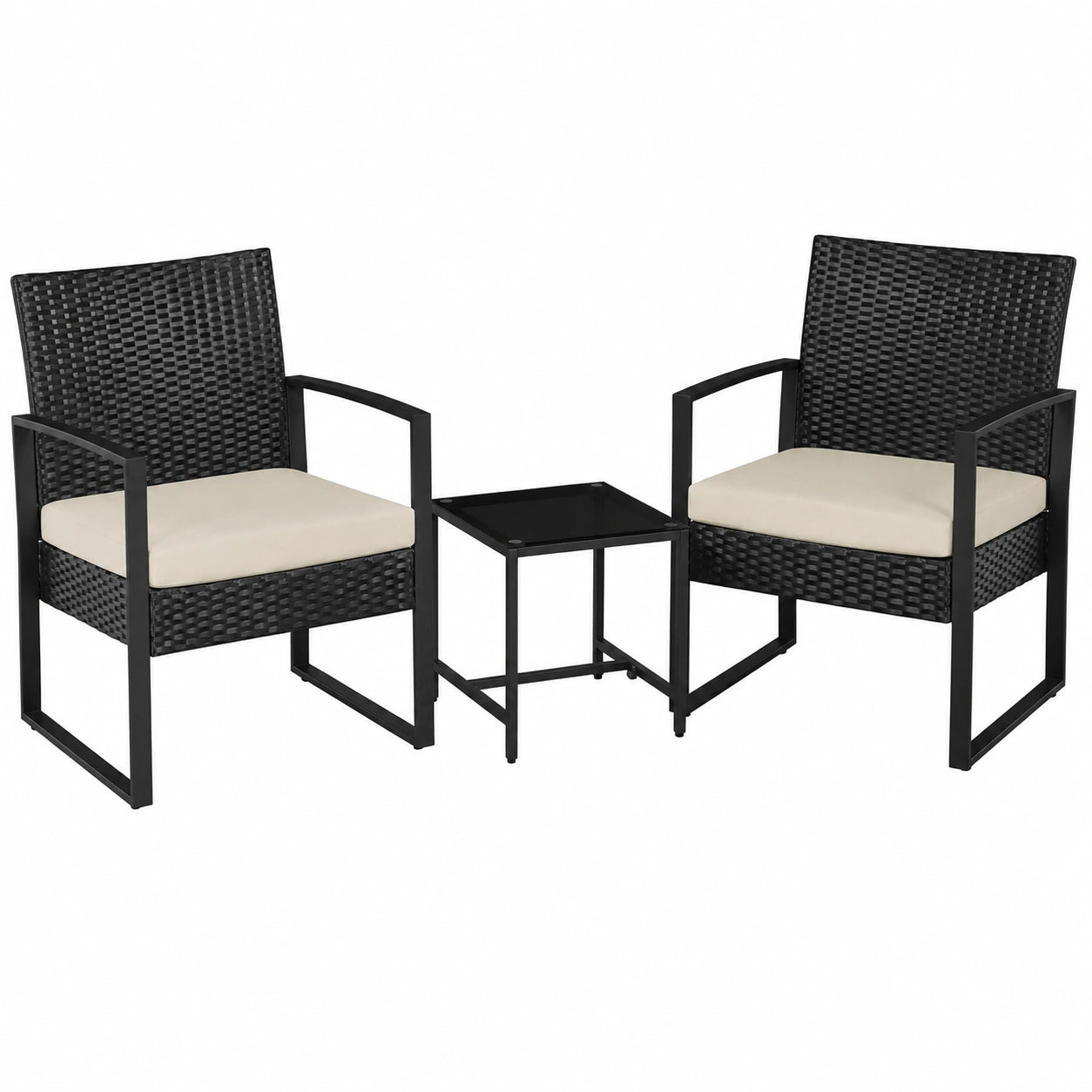 Yaheetech 3-teiliges Balkonmöbel-Set aus witterungsbeständigem Polyrattan, inkl. Sitzkissen und Tisch, ideal für Garten, Terrasse oder Balkon, Schwarz-Beige