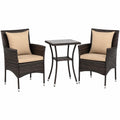 COSTWAY Polyrattan Balkonmöbel Set, inklusive 2 Stühlen, Glastisch und Kissen, Sitzgruppe für Garten und Terrasse, 2-Personen Lounge, Mix Braun-Beige