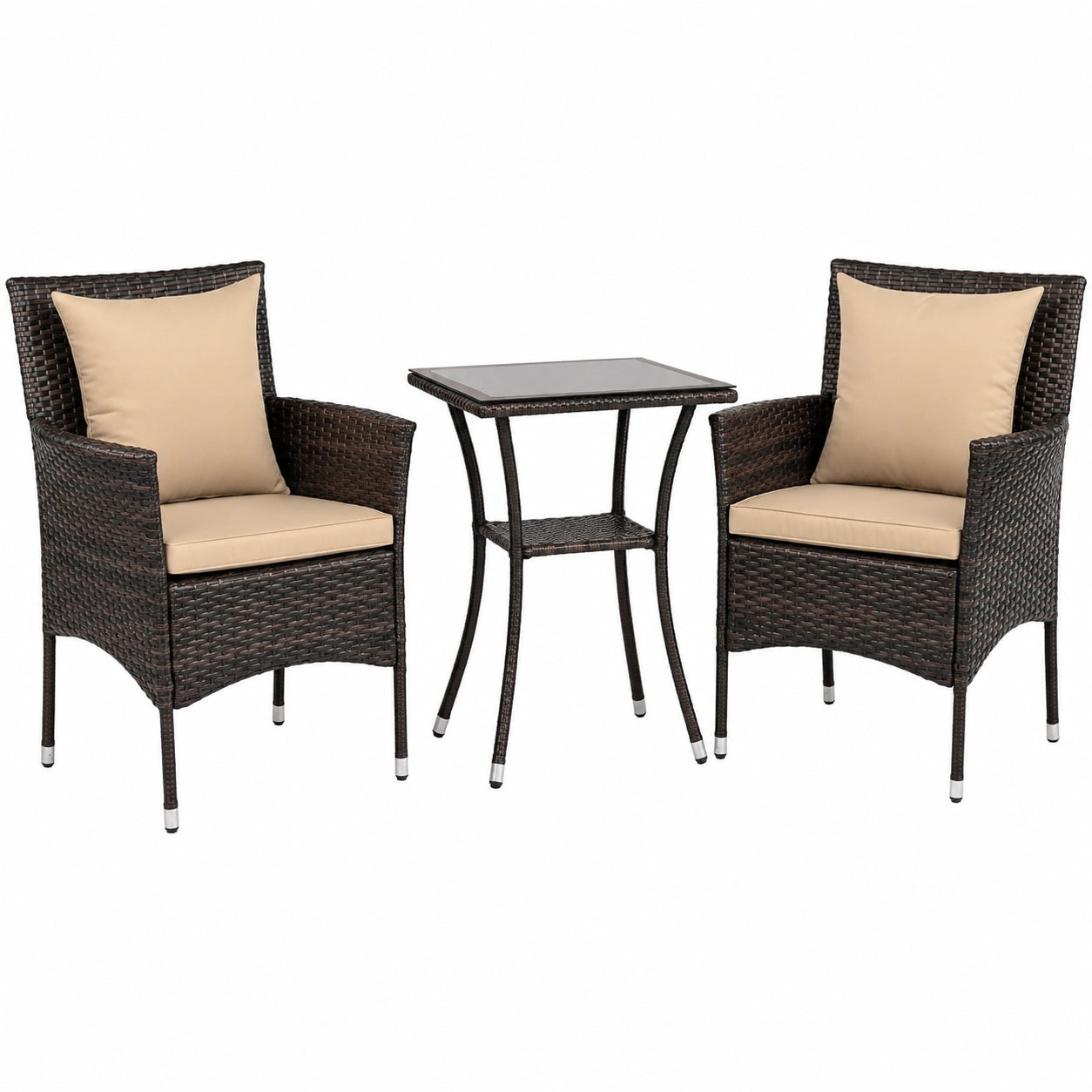 COSTWAY Polyrattan Balkonmöbel Set, inklusive 2 Stühlen, Glastisch und Kissen, Sitzgruppe für Garten und Terrasse, 2-Personen Lounge, Mix Braun-Beige