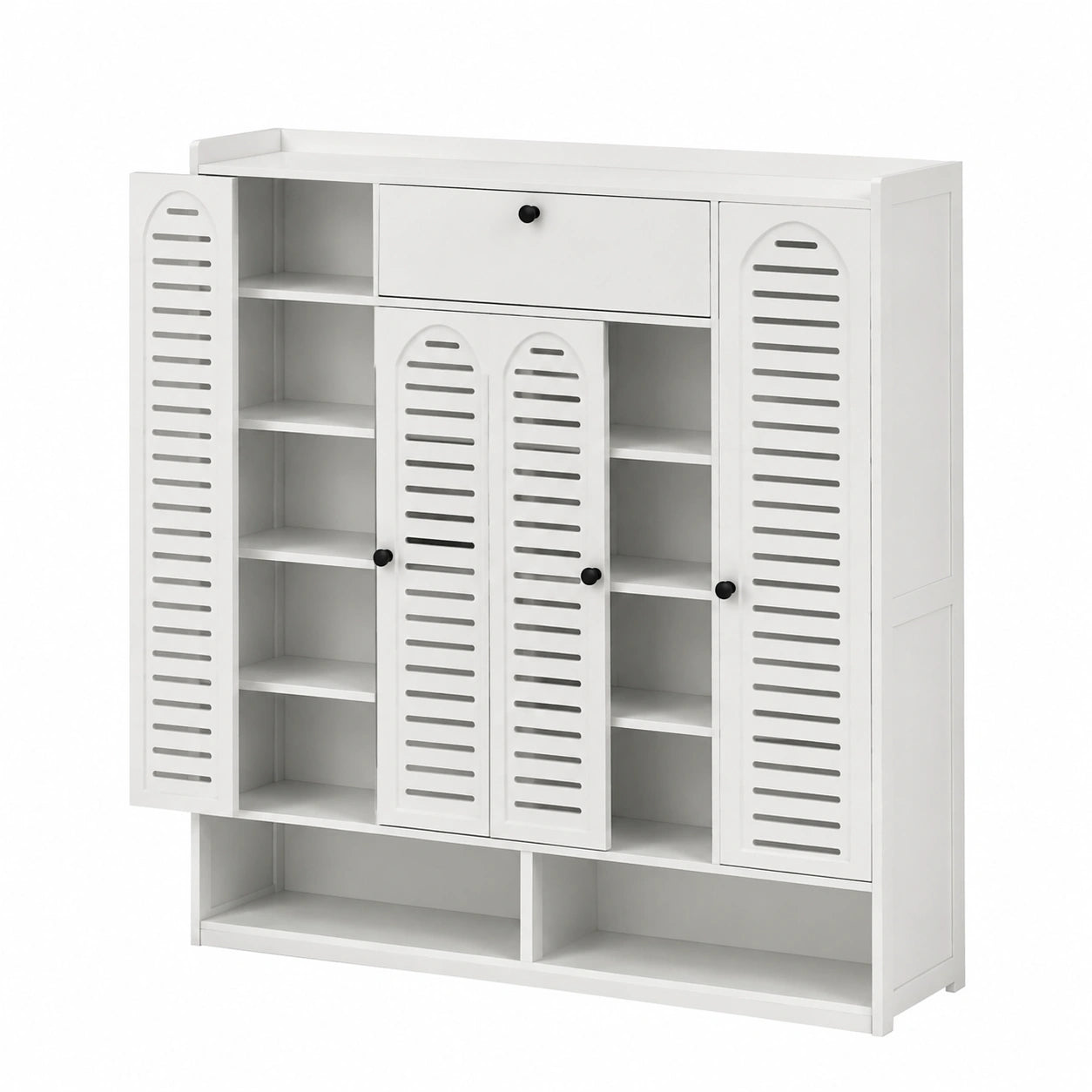 7-stöckiger Bambus-Schuhschrank mit Rollladentür, verstellbare Einlegeböden, freistehend, weiß, ideal für Flur und Wohnzimmer
