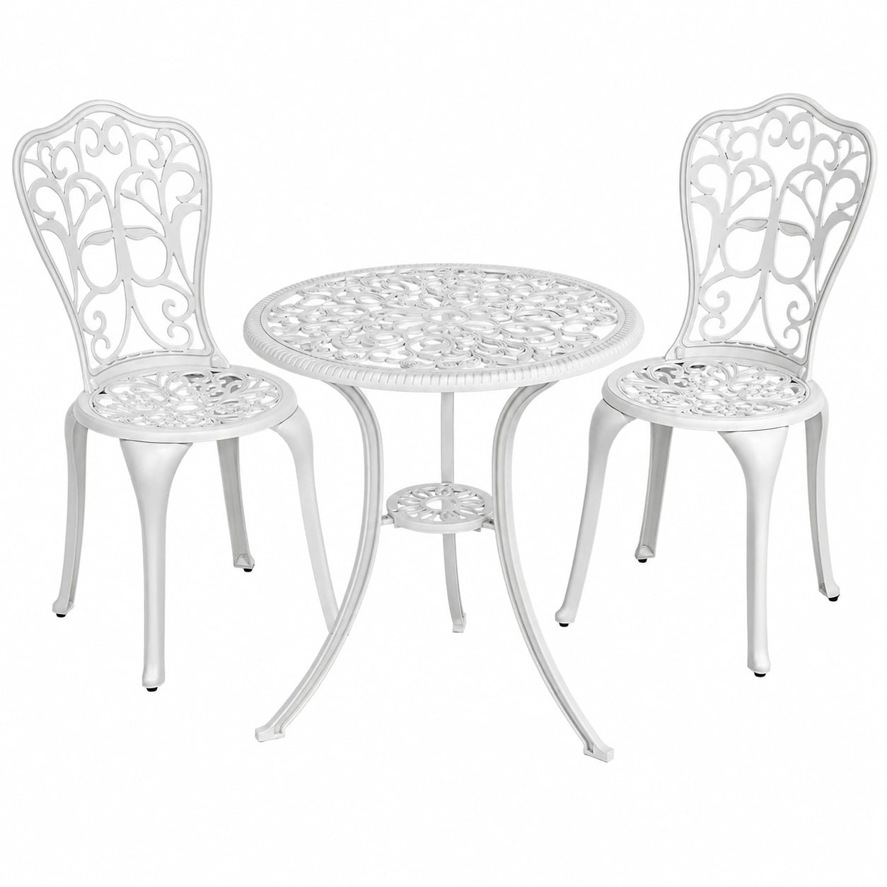 Pamapic 3-teiliges Bistro-Set, Bistrotisch mit Schirmloch und 2 Stühlen aus Aluminium, Gartenmöbel für Terrasse, Balkon und Veranda, Weiß