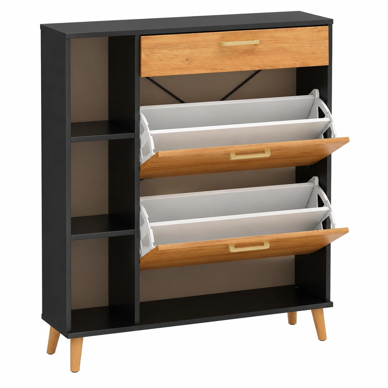 Schmaler Schuhschrank 80x100x24cm mit zwei Klappen und Schublade, 3 Regalböden für Flur und Wohnzimmer