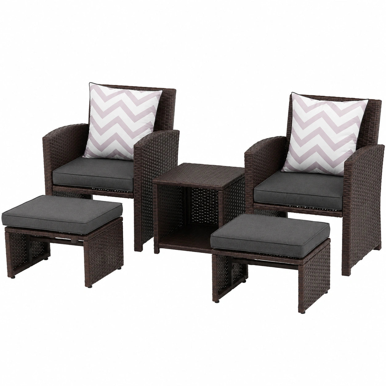 OC Orange-Casual 5-teiliges Outdoor-Set, Balkonmöbel mit Kissen, brauner Rattansessel, Hocker und Couchtisch, ideal für Garten, Terrasse und Veranda (Dunkelgrau)