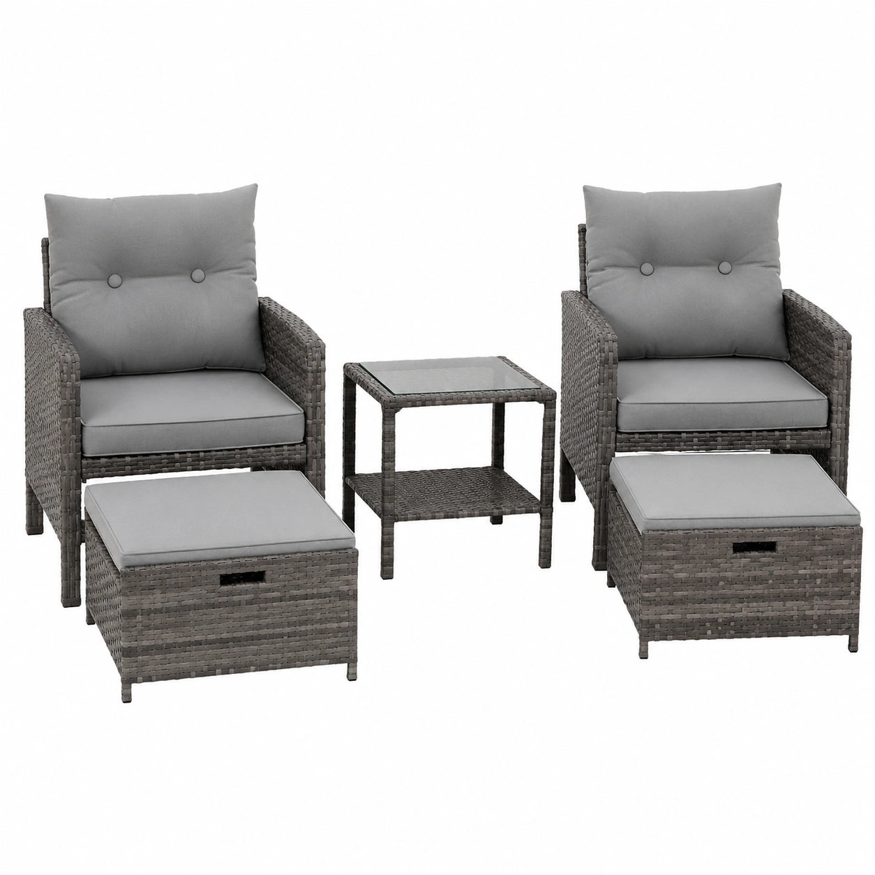 Amopatio 5-teiliges Gartenmöbel-Set aus Polyrattan, wetterfeste Lounge mit Hockern und Glastisch, Sitzkissen für Terrasse und Balkon, Grau