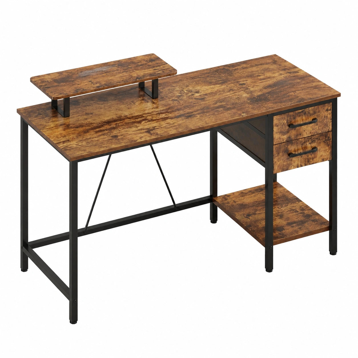 Multifunktionaler Schreibtisch mit Steckdose und Monitorhalter, 2 Schubladen, 120x50cm, Braun – Ideal für Büro und Zuhause