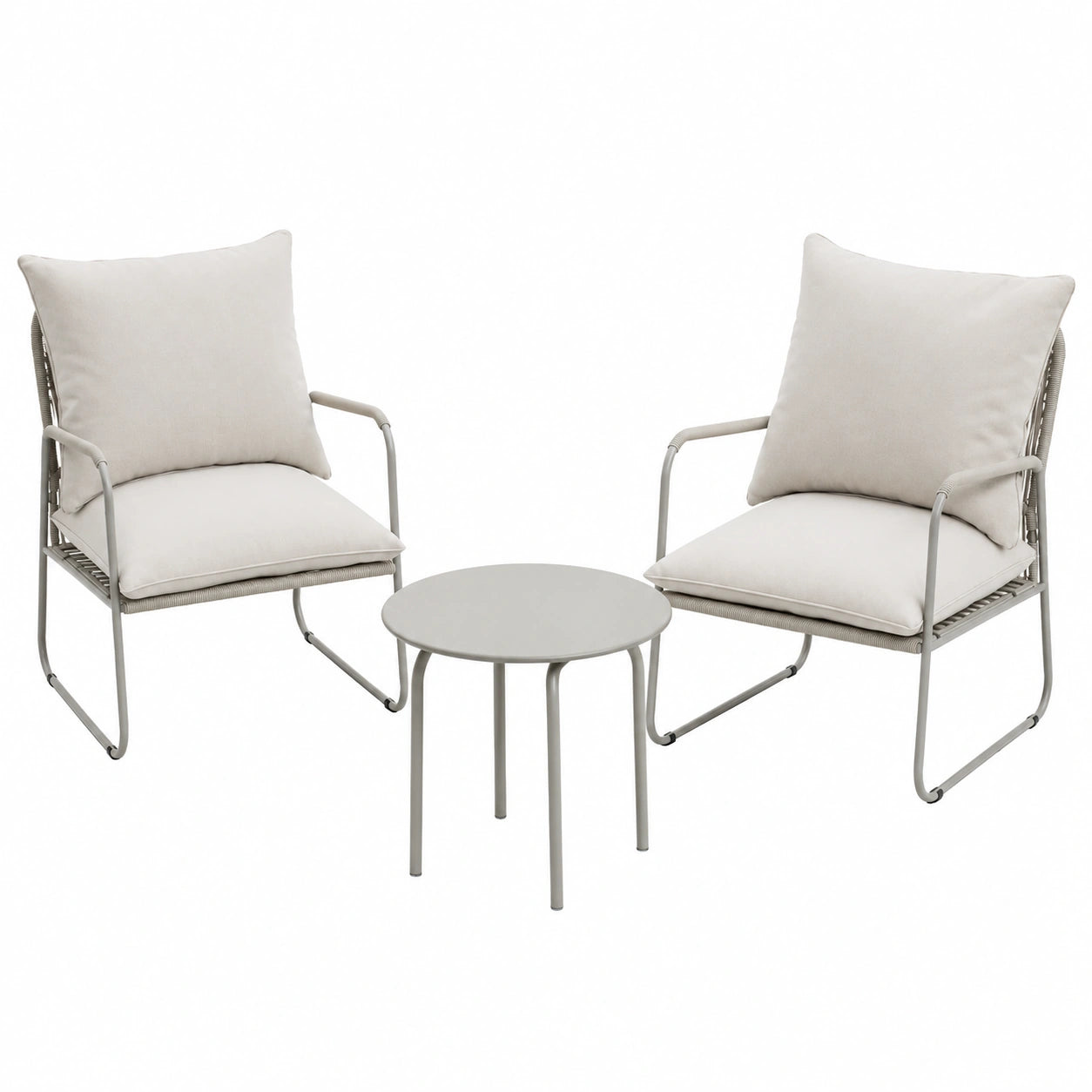 Gartenmöbel-Set 3-teilig: Rattan-Sessel mit Polster & Metalltisch, wetterfest für Balkon & Terrasse, Beige
