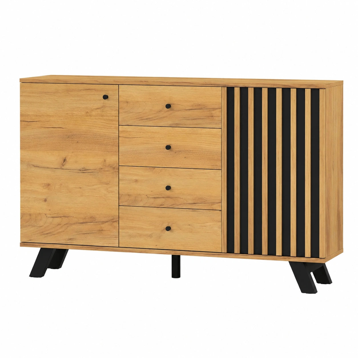 Elegantes Sideboard mit 4 Schubladen und 2 Türen, Holzdesign, Schwarz, für Wohnzimmer & Esszimmer