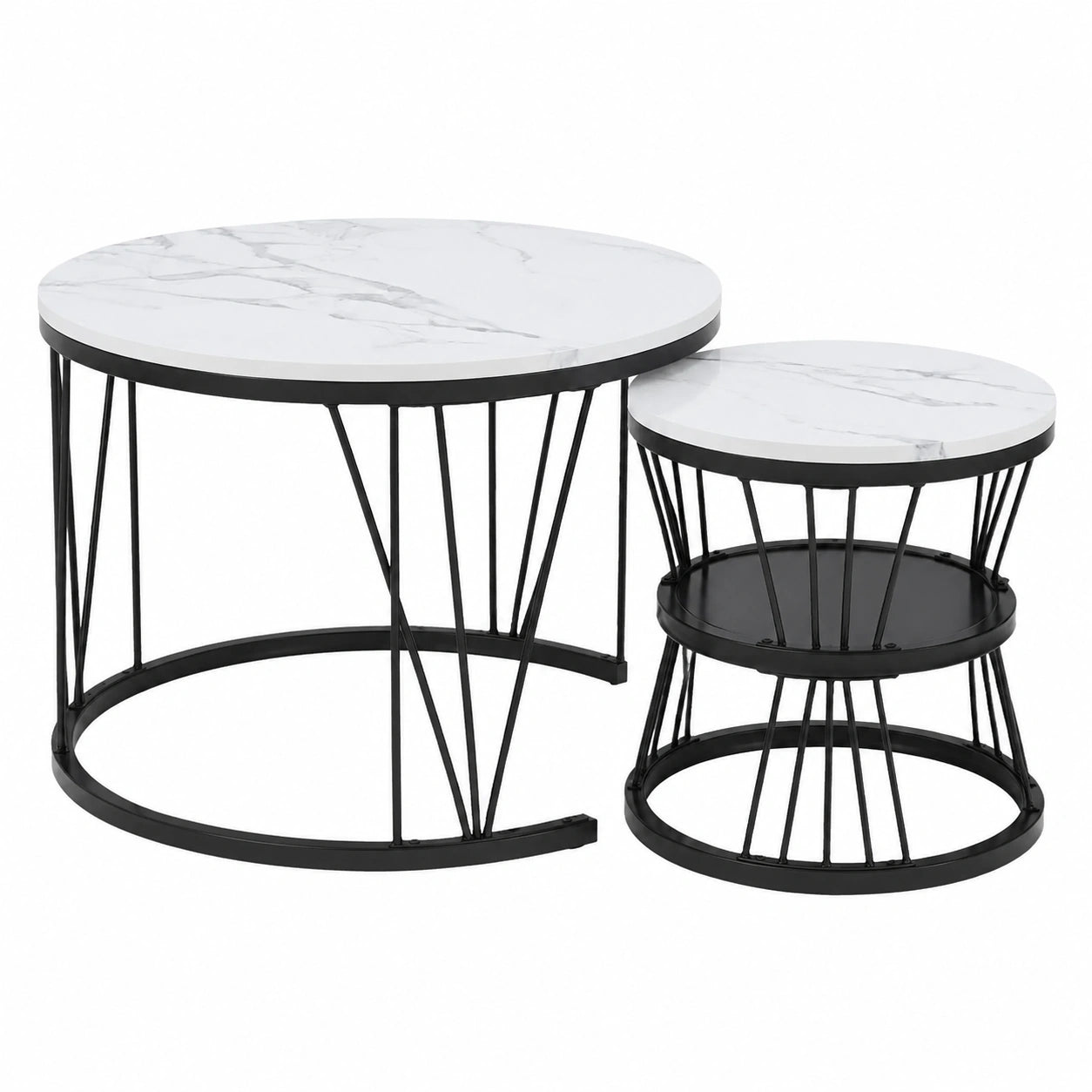 Runder Couchtisch-Set mit Stauraum, Marmoroptik & Metallgestell, Beistelltisch für Wohnzimmer & Balkon, 2er Set, Schwarz
