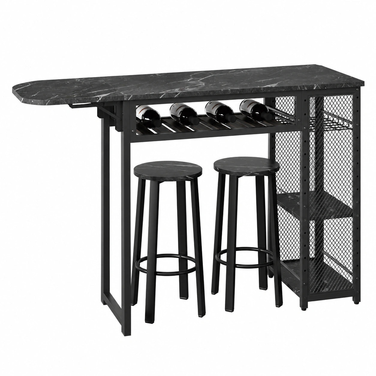 Barset mit Tresentisch und 2 Barhockern, industrieller Esstisch mit Weinglashalter und Ablage, Küchentisch für Bar, Bistro und Wohnzimmer, in Schwarz