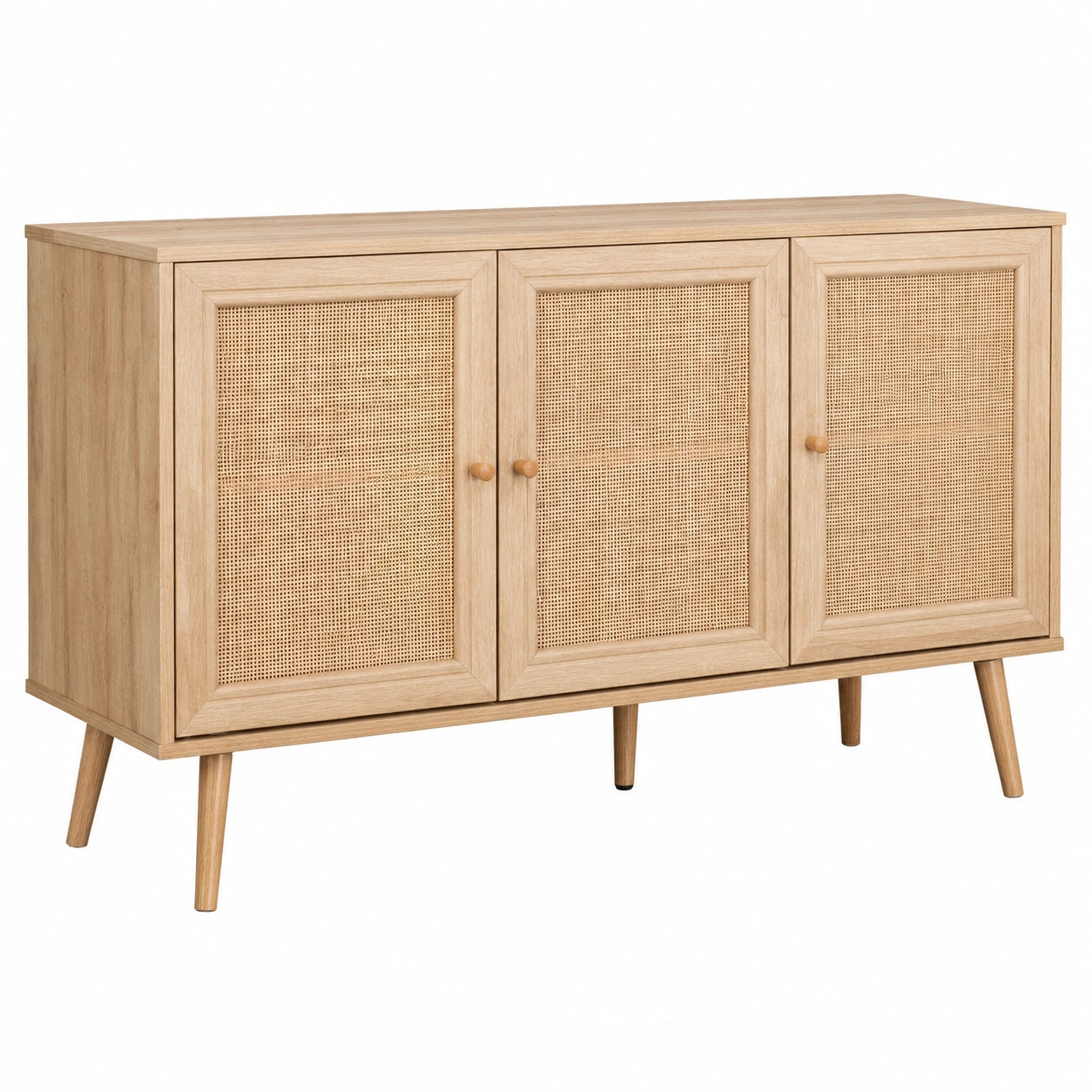 Skandinavisches Sideboard mit Rattan – 120 x 39 x 70 cm – 3 Türen, 2 Ebenen