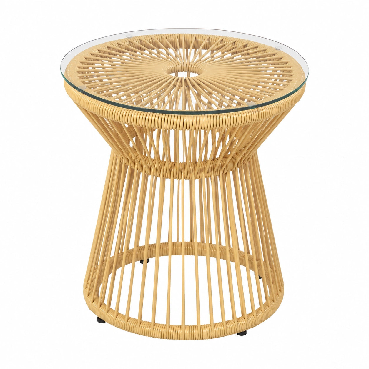 Runder Beistelltisch aus Rattan mit Glasplatte für Garten und Balkon, 40x40x42cm, Beige