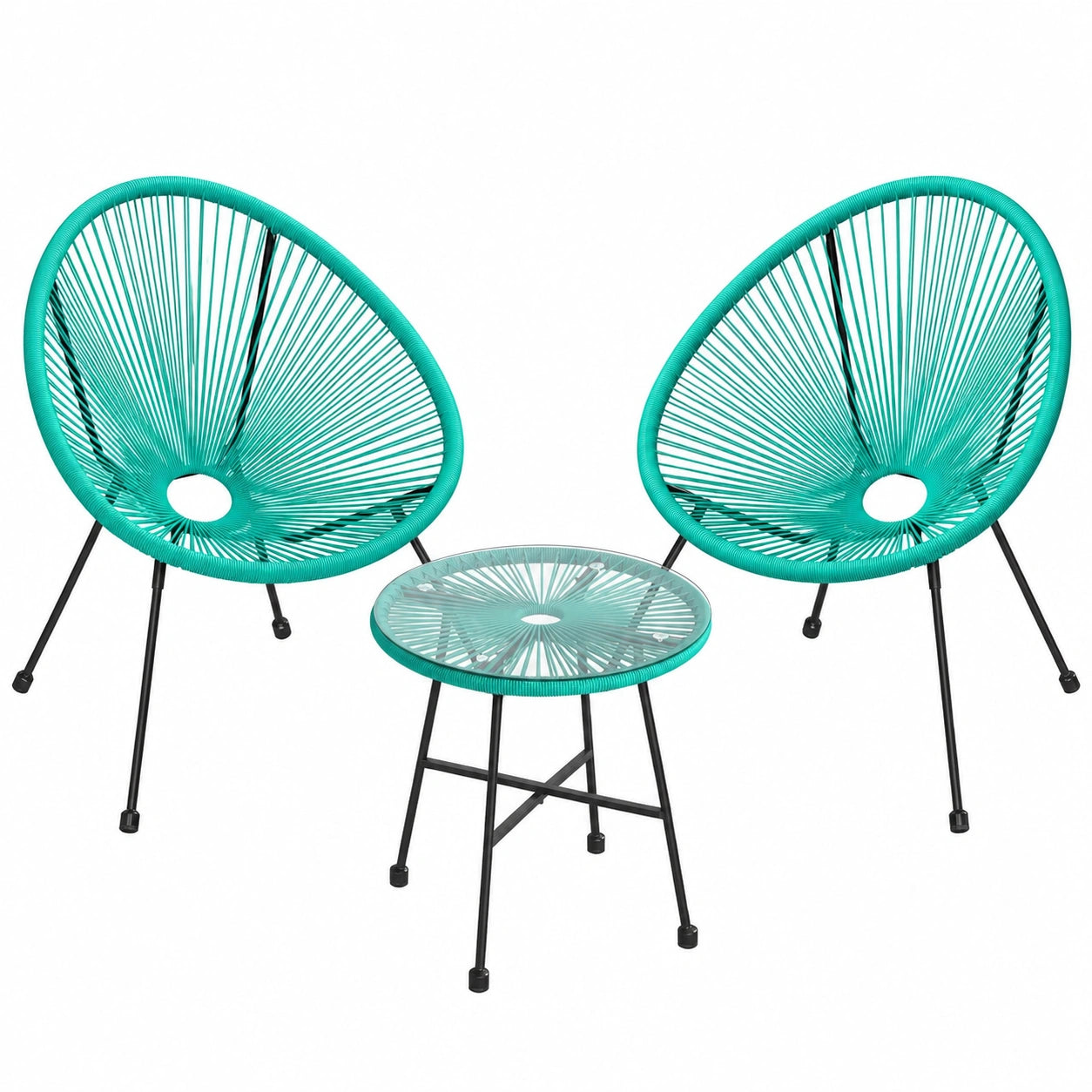 SONGMICS 3-teiliges Balkonmöbel-Set mit Glas-Tischoberfläche, 2 Stühle, für Terrasse und Garten, türkisblau