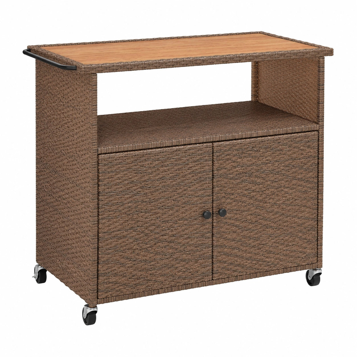 Outsunny Rattan-Servierwagen mit Eukalyptusholz-Platte und Rollen für Garten und Terrasse