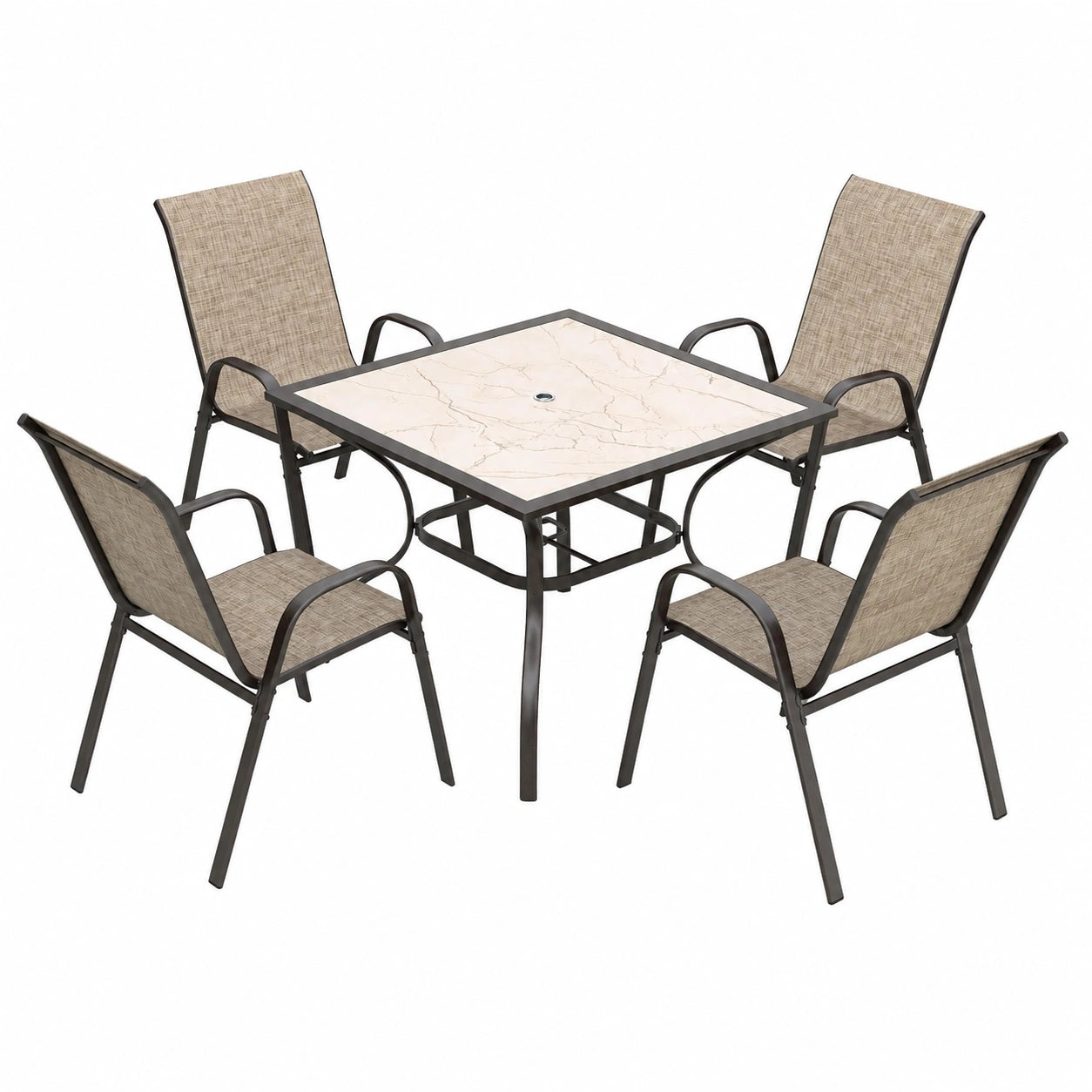 PHI VILLA 5-teiliges Gartenmöbel Set mit quadratischem Tisch in Marmoroptik und 4 stapelbaren Stühlen, wetterfestes Metall für Terrasse