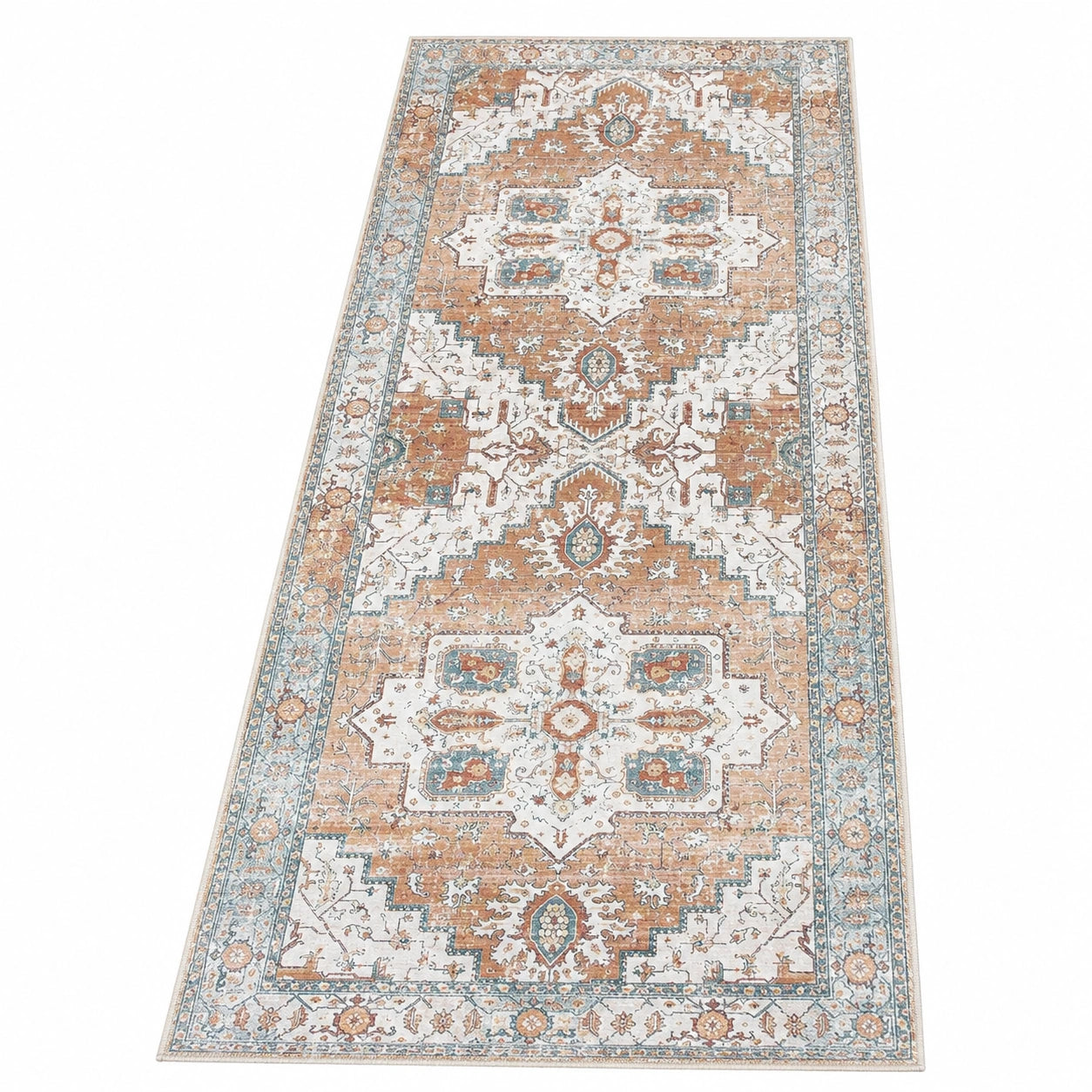 Orientalischer Blumendruck-Läufer 60x210 cm - Rutschfester Teppich für Flur, Wohnzimmer und Küche in Orange/Blau